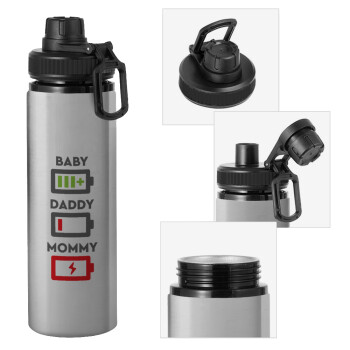 BABY, MOMMY, DADDY Low battery, Metallic water bottle with safety cap, 850ml aluminum