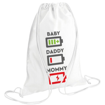 BABY, MOMMY, DADDY Low battery, Backpack pouch GYMBAG white (28x40cm)