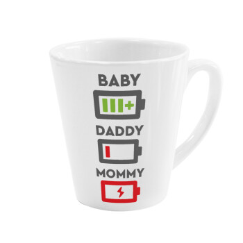 BABY, MOMMY, DADDY Low battery, Κούπα κωνική Latte Λευκή, κεραμική, 300ml