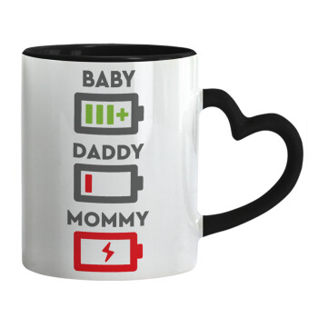 BABY, MOMMY, DADDY Low battery, Κούπα καρδιά χερούλι μαύρη, κεραμική, 330ml
