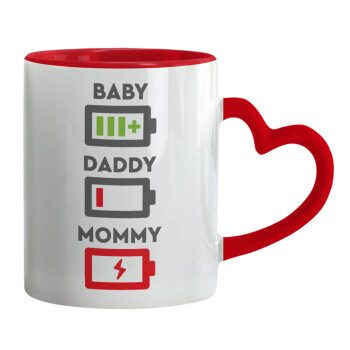 BABY, MOMMY, DADDY Low battery, Κούπα καρδιά χερούλι κόκκινη, κεραμική, 330ml