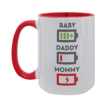 BABY, MOMMY, DADDY Low battery, Κούπα Mega 15oz, κεραμική Κόκκινη, 450ml