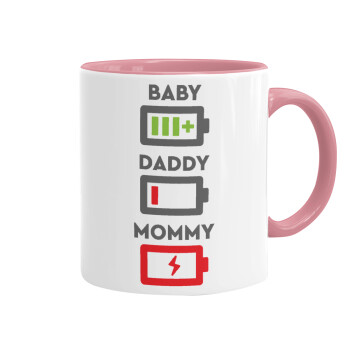 BABY, MOMMY, DADDY Low battery, Κούπα χρωματιστή ροζ, κεραμική, 330ml