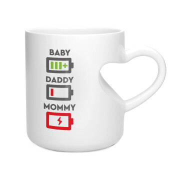 BABY, MOMMY, DADDY Low battery, Κούπα καρδιά λευκή, κεραμική, 330ml