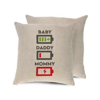 BABY, MOMMY, DADDY Low battery, Μαξιλάρι καναπέ ΛΙΝΟ 40x40cm περιέχεται το  γέμισμα