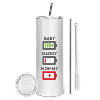BABY, MOMMY, DADDY Low battery, Eco friendly ποτήρι θερμό (tumbler) από ανοξείδωτο ατσάλι 600ml, με μεταλλικό καλαμάκι & βούρτσα καθαρισμού