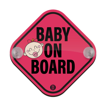 Baby on board GIRL, Σήμανση αυτοκινήτου Baby On Board ξύλινο με βεντουζάκια (16x16cm)