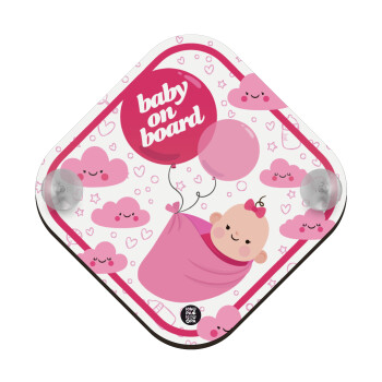 Baby pink balloons, Σήμανση αυτοκινήτου Baby On Board ξύλινο με βεντουζάκια (16x16cm)