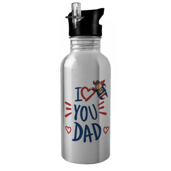 Super Dad, Water bottle Silver with straw, stainless steel 600ml