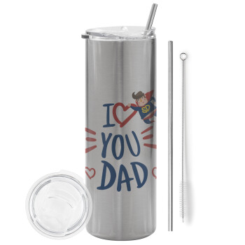 Super Dad, Eco friendly ποτήρι θερμό Ασημένιο (tumbler) από ανοξείδωτο ατσάλι 600ml, με μεταλλικό καλαμάκι & βούρτσα καθαρισμού