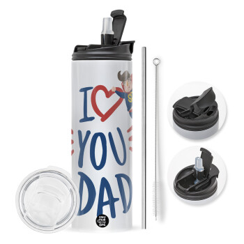 Super Dad, Travel Tumbler θερμό με διπλό καπάκι, μεταλλικό καλαμάκι και βούρτσα καθαρισμού (Ανωξείδωτο 304 Food grade, BPA free, 600ml)