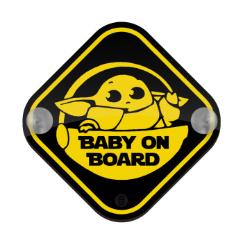 Baby yoda on board, Σήμανση αυτοκινήτου Baby On Board ξύλινο με βεντουζάκια (16x16cm)