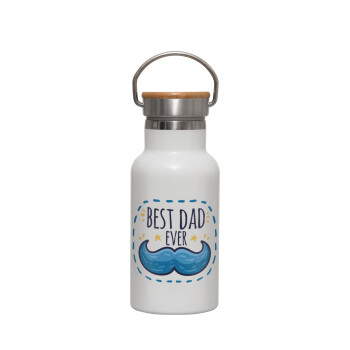 Best dad ever μπλε μουστάκι, Metallic thermos (Stainless steel) White with wooden lid (bamboo), double-walled, 350ml