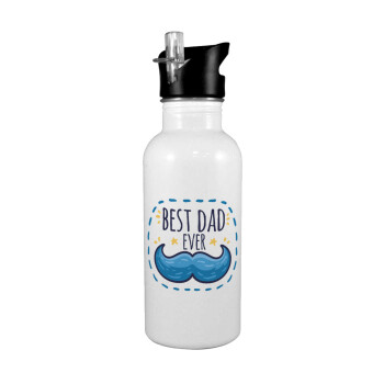 Best dad ever μπλε μουστάκι, White water bottle with straw, stainless steel 600ml