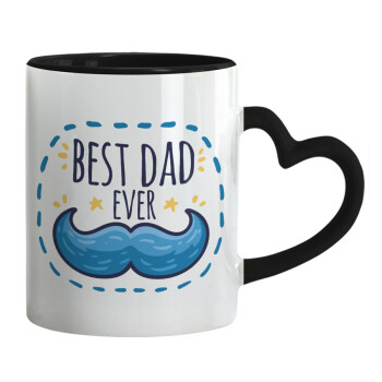 Best dad ever μπλε μουστάκι, Κούπα καρδιά χερούλι μαύρη, κεραμική, 330ml