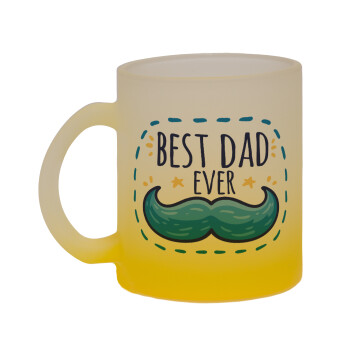 Best dad ever μπλε μουστάκι, Κούπα γυάλινη δίχρωμη με βάση το κίτρινο ματ, 330ml