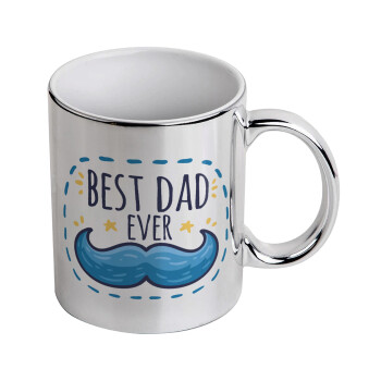 Best dad ever μπλε μουστάκι, Mug ceramic, silver mirror, 330ml