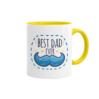 Best dad ever μπλε μουστάκι, Κούπα χρωματιστή κίτρινη, κεραμική, 330ml