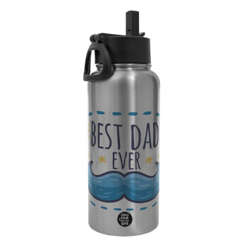 Best dad ever μπλε μουστάκι, Metal mug thermo Silver with Straw and Spout Lid (Stainless steel), double wall, 950ml