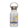 Metallic thermos (Stainless steel) White with wooden lid (bamboo), double-walled, 350ml