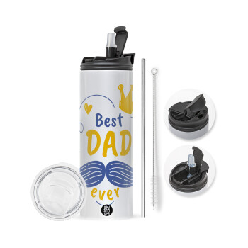 Best dad ever ο Βασιλιάς, Travel Tumbler θερμό με διπλό καπάκι, μεταλλικό καλαμάκι και βούρτσα καθαρισμού (Ανωξείδωτο 304 Food grade, BPA free, 600ml)