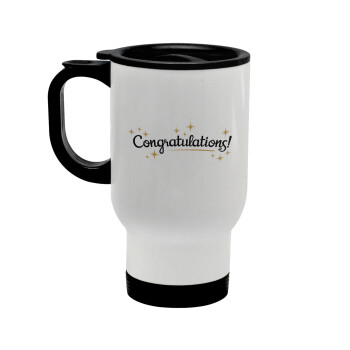 Congratulations, Stainless steel travel mug with lid, double wall white 450ml