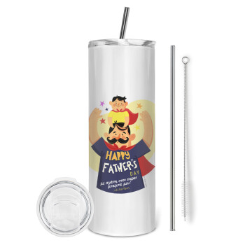 Happy Fathers Day με όνομα, Eco friendly ποτήρι θερμό (tumbler) από ανοξείδωτο ατσάλι 600ml, με μεταλλικό καλαμάκι & βούρτσα καθαρισμού