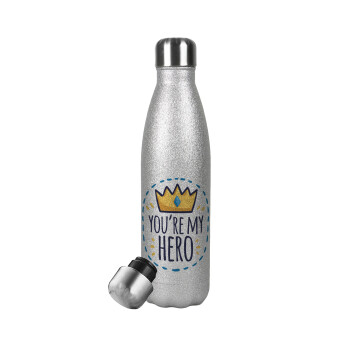 Dad, you are my hero!, Metallic Glitter Silver Thermos Flask (Stainless steel), double-walled, 500ml