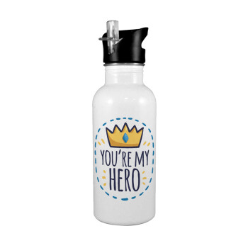 Dad, you are my hero!, White water bottle with straw, stainless steel 600ml