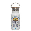 Metallic thermos (Stainless steel) White with wooden lid (bamboo), double-walled, 350ml