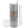 Tumbler stainless steel Silver 600ml, with metal straw & cleaning brush