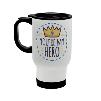 Dad, you are my hero!, Stainless steel travel mug with lid, double wall white 450ml