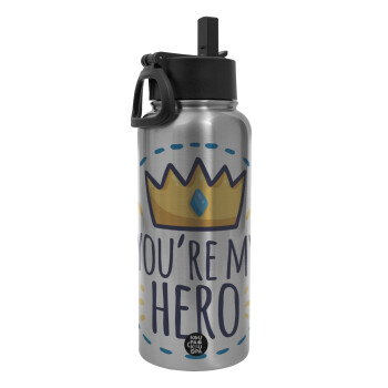 Dad, you are my hero!, Metal mug thermo Silver with Straw and Spout Lid (Stainless steel), double wall, 950ml