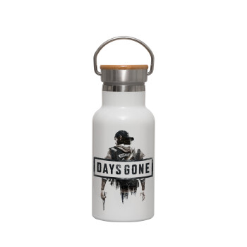 Day's Gone, Metallic thermos (Stainless steel) White with wooden lid (bamboo), double-walled, 350ml