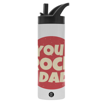 YOU ROCK DAD, Metallic thermos bottle with straw & handle, stainless steel (Stainless steel 304), double-walled, 600ml.