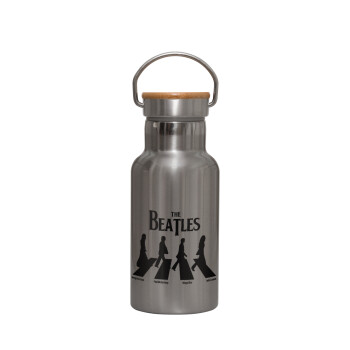 The Beatles, Abbey Road, Stainless steel metallic thermos flask, silver with a bamboo lid, double-walled, 350ml.