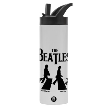 The Beatles, Abbey Road, Metallic thermos bottle with straw & handle, stainless steel (Stainless steel 304), double-walled, 600ml.