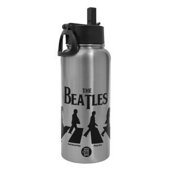 The Beatles, Abbey Road, Μεταλλικό παγούρι θερμός Silver με καλαμάκι και χερούλι (Stainless steel), διπλού τοιχώματος, 950ml