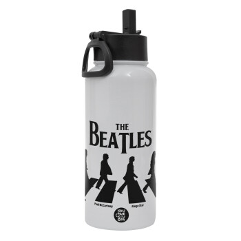 The Beatles, Abbey Road, Μεταλλικό παγούρι θερμός Λευκό με καλαμάκι και χερούλι (Stainless steel), διπλού τοιχώματος, 950ml