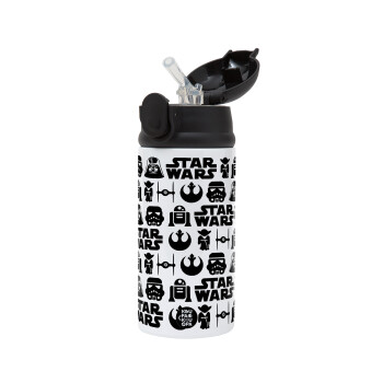 Star Wars Pattern, Children's hot water bottle, stainless steel, with safety straw, Black (360ml) BPA-FREE