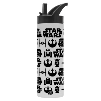 Star Wars Pattern, Μεταλλικό παγούρι θερμός με καλαμάκι & χειρολαβή, ανοξείδωτο ατσάλι (Stainless steel 304), διπλού τοιχώματος, 600ml