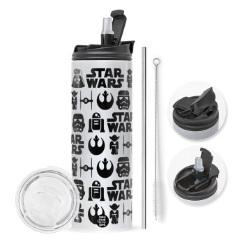 Star Wars Pattern, Travel Tumbler θερμό με διπλό καπάκι, μεταλλικό καλαμάκι και βούρτσα καθαρισμού (Ανωξείδωτο 304 Food grade, BPA free, 600ml)