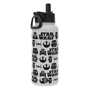 Star Wars Pattern, Metal mug thermo White with Straw and Spout Lid (Stainless steel), double wall, 950ml