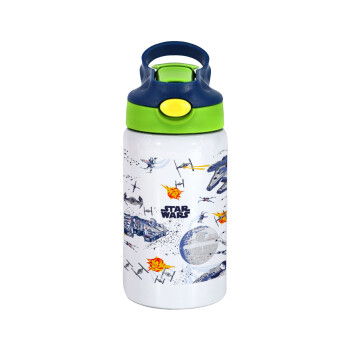 Star wars drawing, Children's hot water bottle, stainless steel, with safety straw, green, blue (350ml)