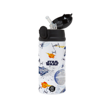 Star wars drawing, Children's hot water bottle, stainless steel, with safety straw, Black (360ml) BPA-FREE