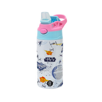 Star wars drawing, Children's hot water bottle, stainless steel, with safety straw, Pink/BlueCiel (360ml) BPA FREE