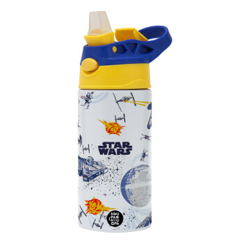 Star wars drawing, Children's hot water bottle, stainless steel, with safety straw, green, blue (360ml) BPA FREE