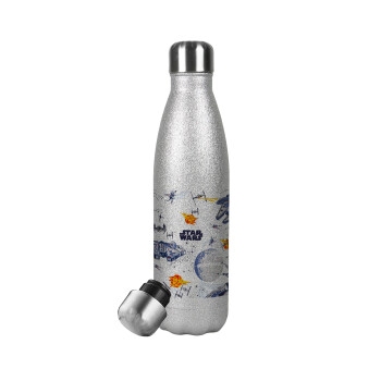 Star wars drawing, Metallic Glitter Silver Thermos Flask (Stainless steel), double-walled, 500ml