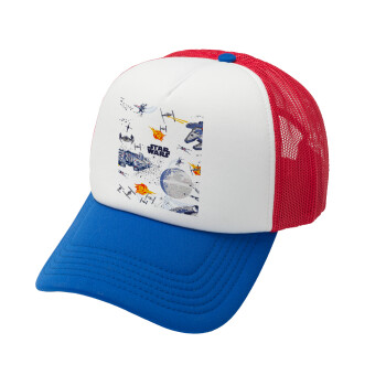 Star wars drawing, Adult Soft Trucker Hat with Red/Blue/White Mesh (POLYESTER, ADULT, UNISEX, ONE SIZE)