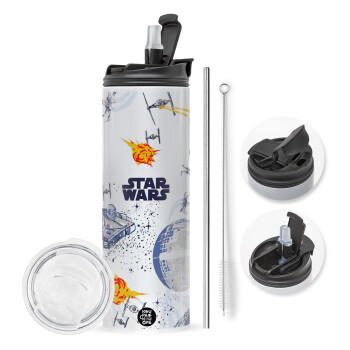 Star wars drawing, Travel Tumbler 2 Lids, with metal straw & cleaning brush (Stainless steel 304 Food grade, BPA free, 600ml)